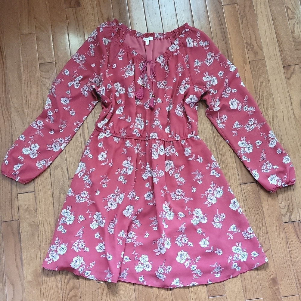Pink Off Shoulder Boho Floral Tunic Dress with Tassle Tie Neck and Elastic Waist